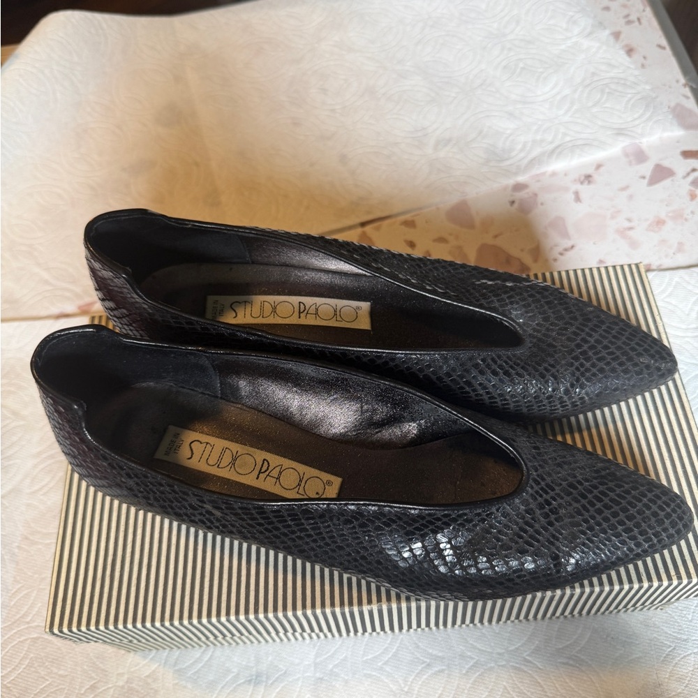 Studio Paolo Black Snake-Texture Pointed-Toe Flats